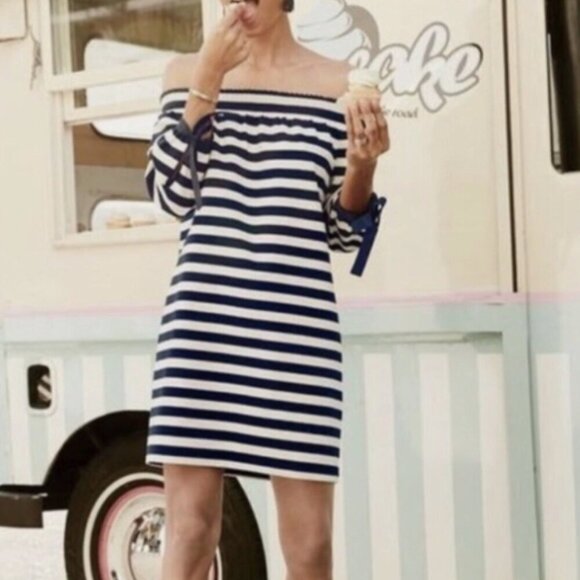 J. Crew Navy and Cream Striped Off Shoulder Dress Size XS - Picture 2 of 10